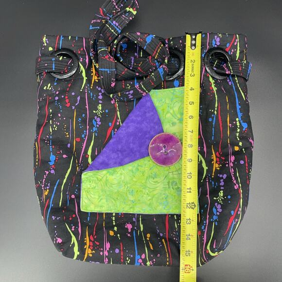 Hand Crafted Bucket Tote Bag Black w/Neon Paint Splatter Soft Fabric Artsy Boho - Picture 4 of 9